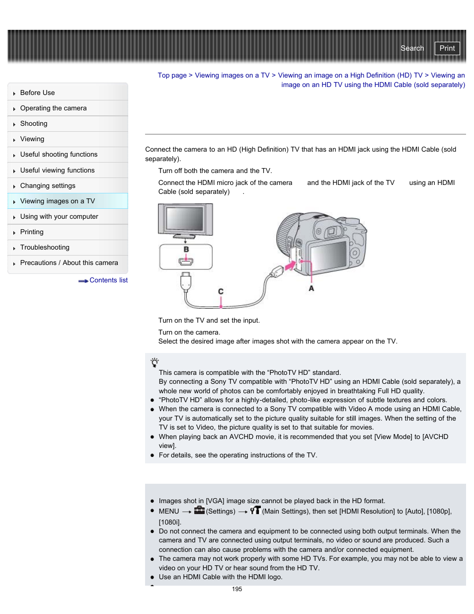 Viewing an image on an hd tv using the hdmi cable, Cyber-shot user guide | Sony DSC-HX300 User Manual | Page 202 / 252