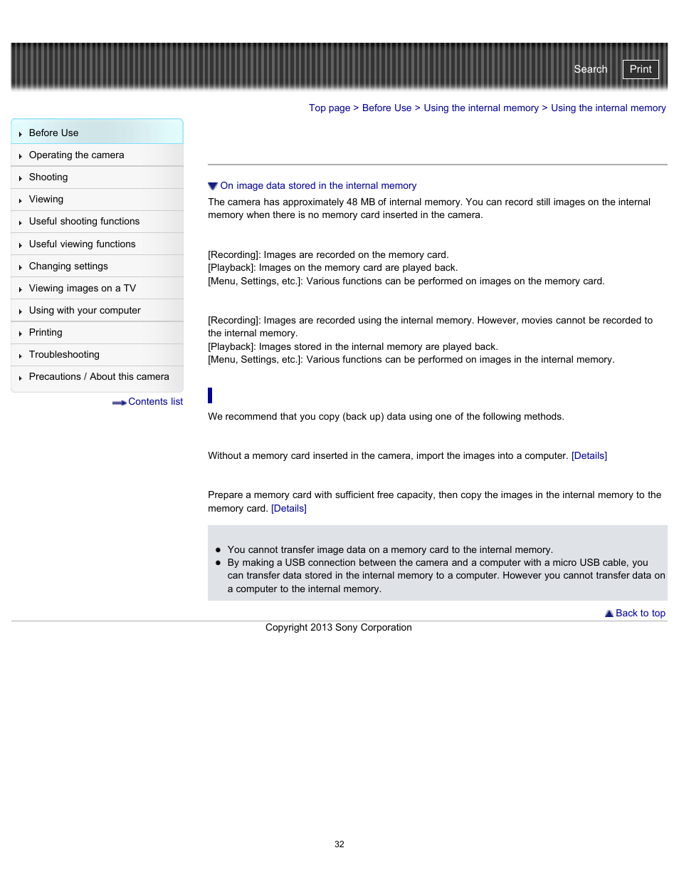 Using the internal memory | Sony DSC-HX300 User Manual | Page 39 / 252