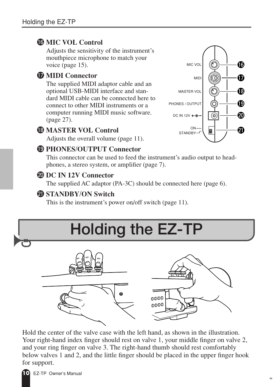 Holding the ez-tp, 6 mic vol control, 7 midi connector | 8 master vol control, 9 phones/output connector, 0 dc in 12v connector, 1 standby/on switch | AC International EZ-TP User Manual | Page 10 / 44