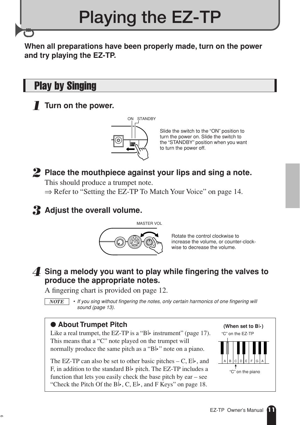 Playing the ez-tp, Play by singing, Turn on the power | Adjust the overall volume | AC International EZ-TP User Manual | Page 11 / 44