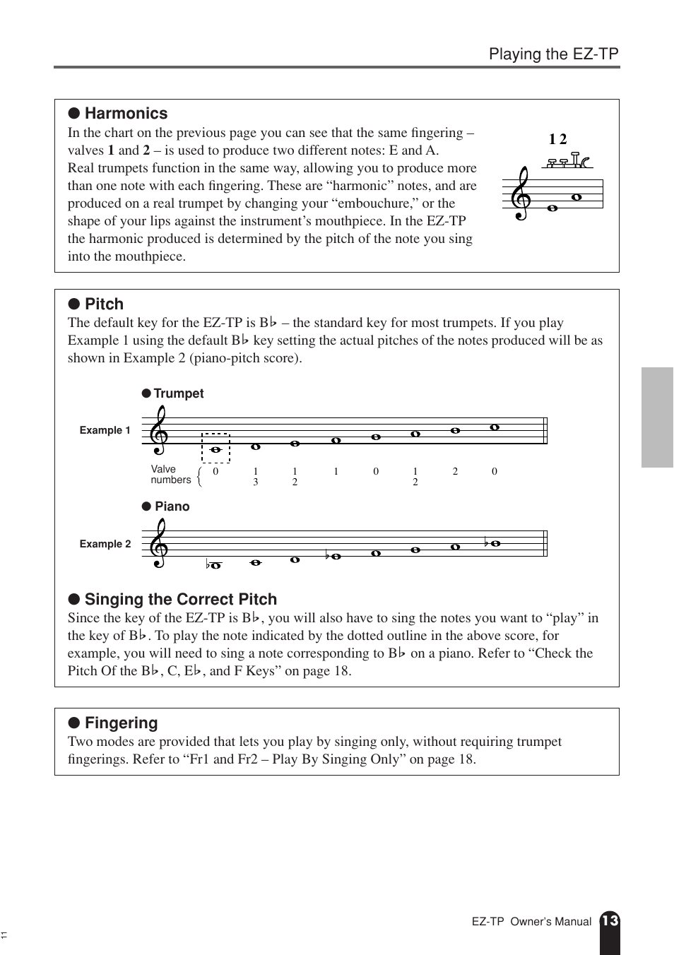 Playing the ez-tp, Harmonics, Pitch | Singing the correct pitch, Fingering | AC International EZ-TP User Manual | Page 13 / 44