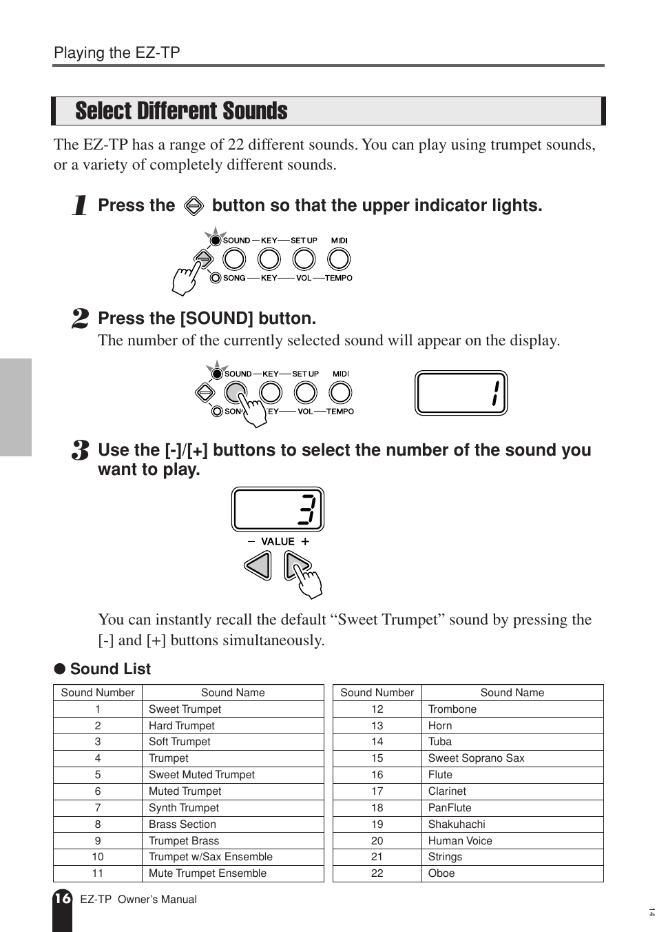 Select different sounds, Press the [sound] button | AC International EZ-TP User Manual | Page 16 / 44