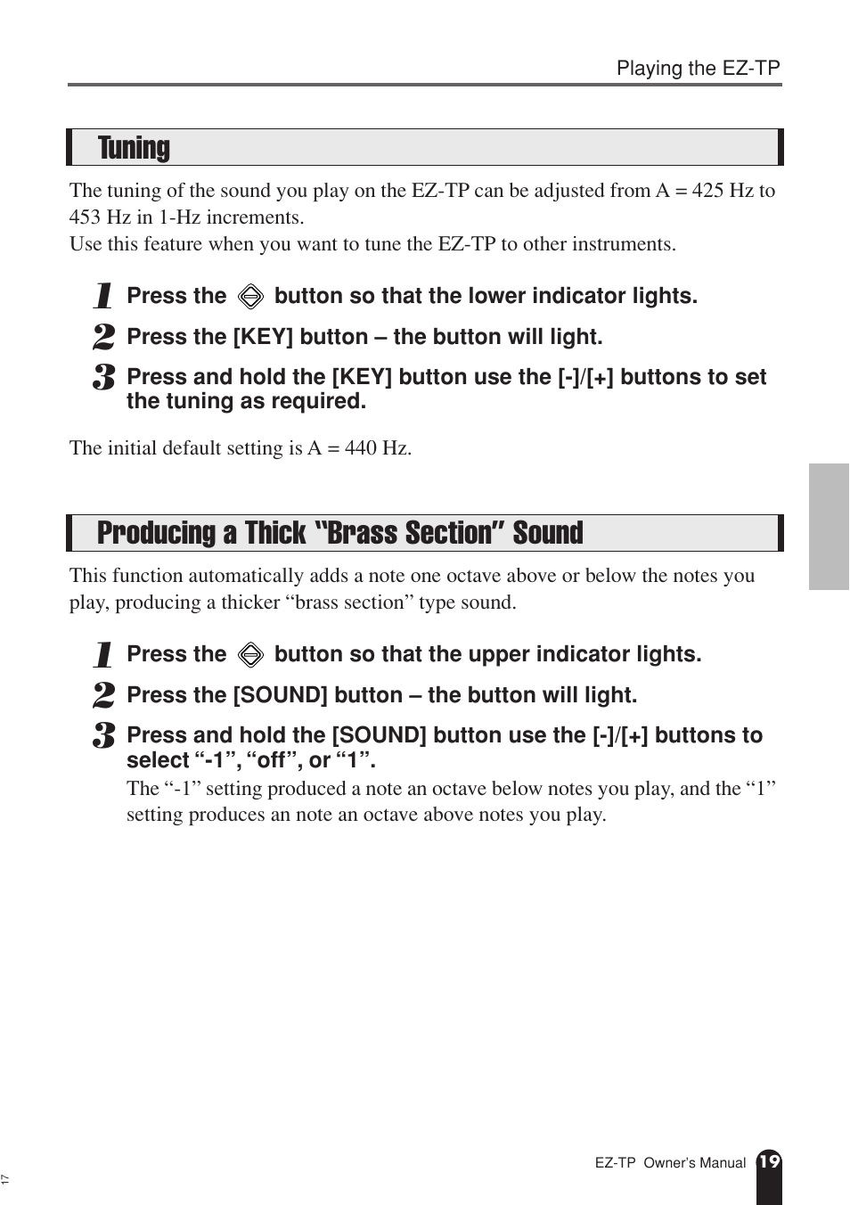 Tuning, Producing a thick "brass section" sound, Tuning producing a thick “brass section | Sound | AC International EZ-TP User Manual | Page 19 / 44