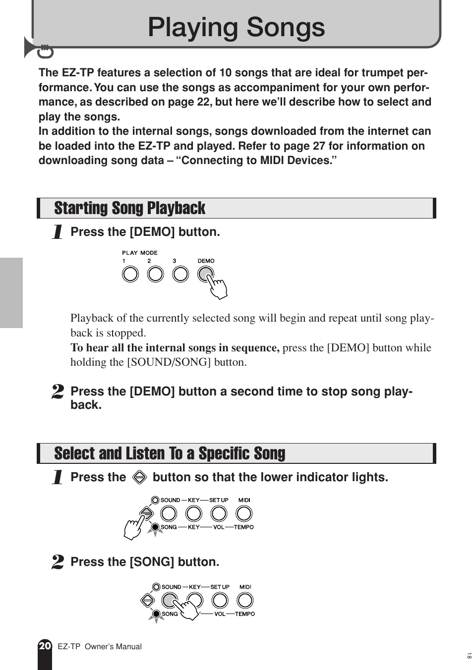 Playing songs, Starting song playback, Select and listen to a specific song | AC International EZ-TP User Manual | Page 20 / 44