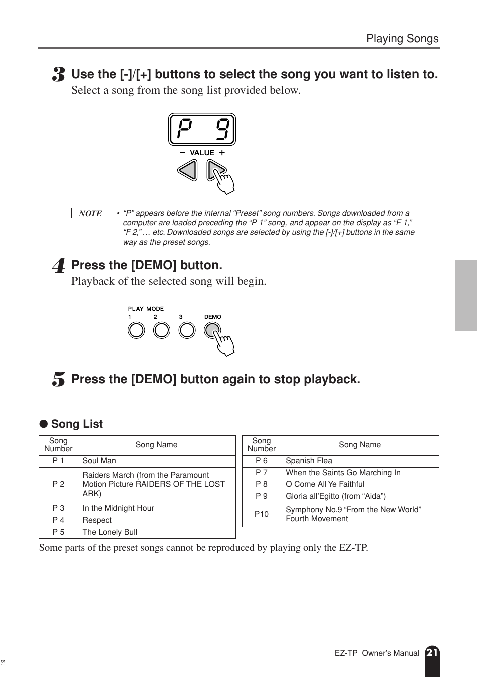 Press the [demo] button, Press the [demo] button again to stop playback, Select a song from the song list provided below | Playback of the selected song will begin | AC International EZ-TP User Manual | Page 21 / 44