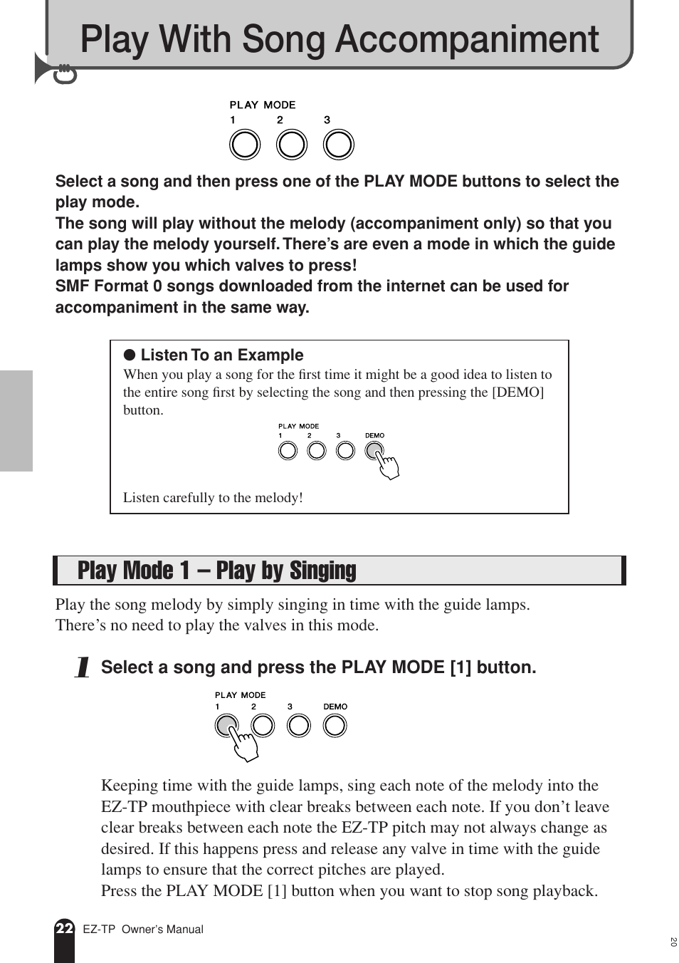 Play with song accompaniment, Play mode 1 - play by singing, Play mode 1 – play by singing | AC International EZ-TP User Manual | Page 22 / 44