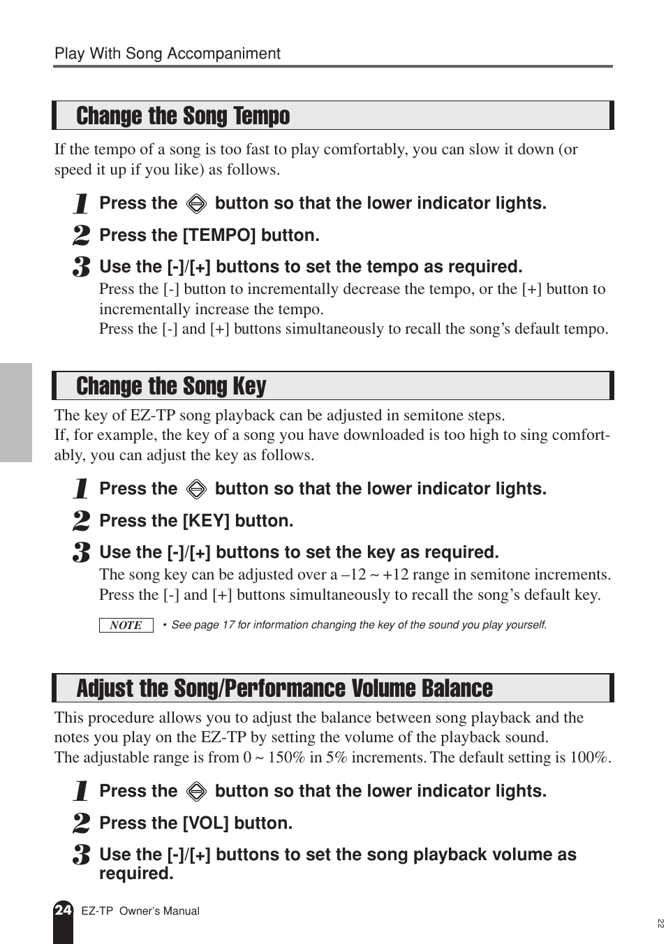 Change the song tempo, Change the song key, Adjust the song/performance volume balance | Balance, Change the song tempo change the song key | AC International EZ-TP User Manual | Page 24 / 44