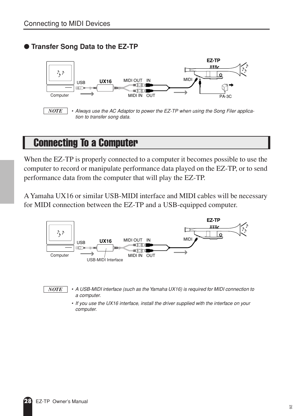 Connecting to a computer, Connecting to midi devices, Transfer song data to the ez-tp | AC International EZ-TP User Manual | Page 28 / 44