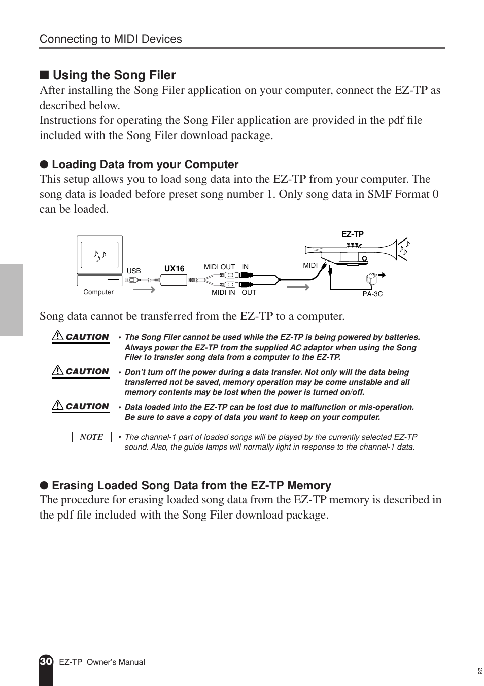 Using the song filer, Connecting to midi devices, Loading data from your computer | AC International EZ-TP User Manual | Page 30 / 44