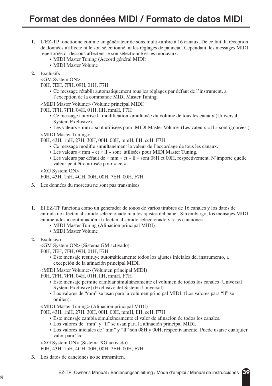 Format des données midi / formato de datos midi | AC International EZ-TP User Manual | Page 39 / 44