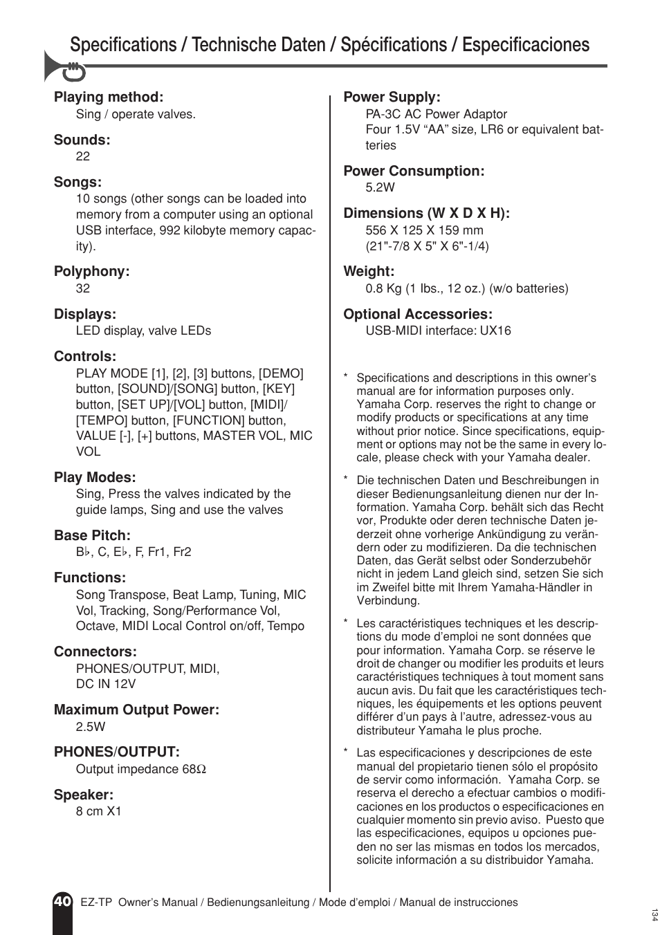 Specifications | AC International EZ-TP User Manual | Page 40 / 44