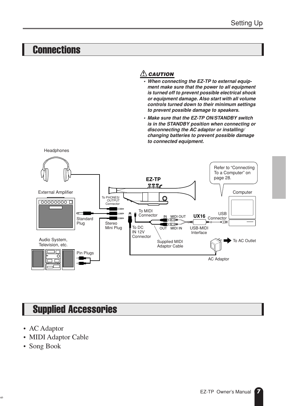 Connections, Supplied accessories, Connections supplied accessories | Ac adaptor • midi adaptor cable • song book, Setting up | AC International EZ-TP User Manual | Page 7 / 44