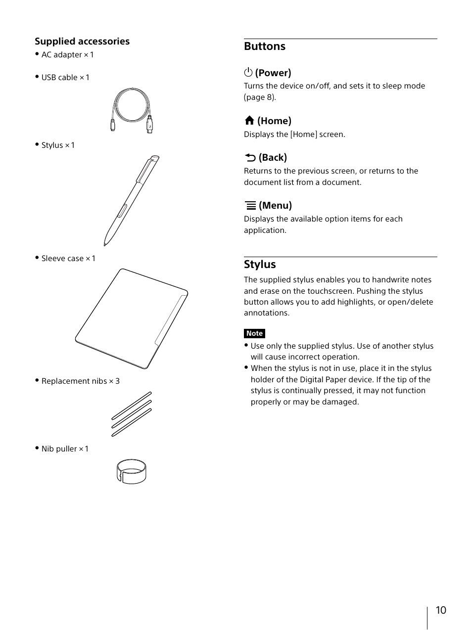 Buttons, Stylus, Buttons stylus | Sony DPT-S1 User Manual | Page 10 / 67