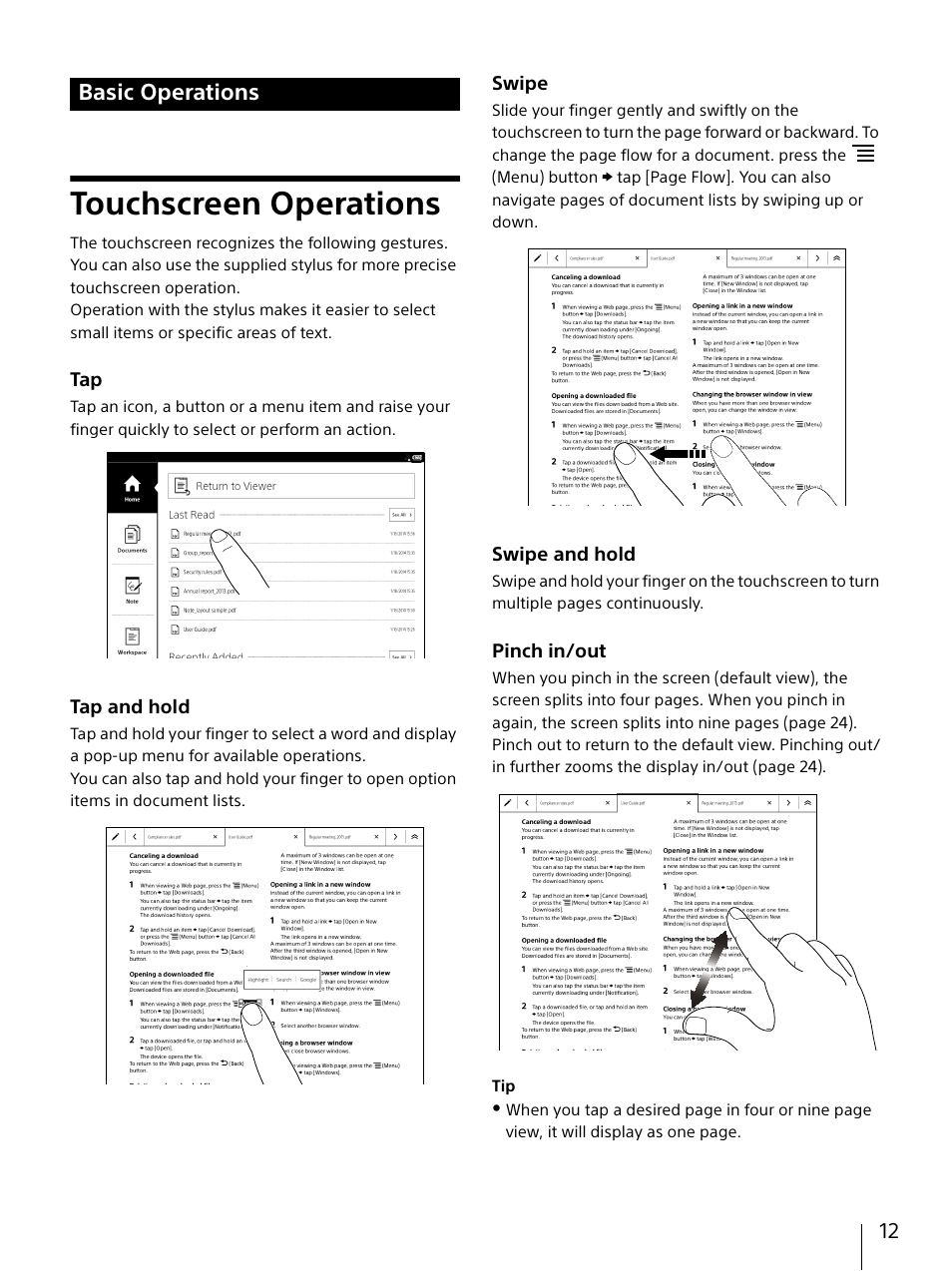 Basic operations, Touchscreen operations | Sony DPT-S1 User Manual | Page 12 / 67