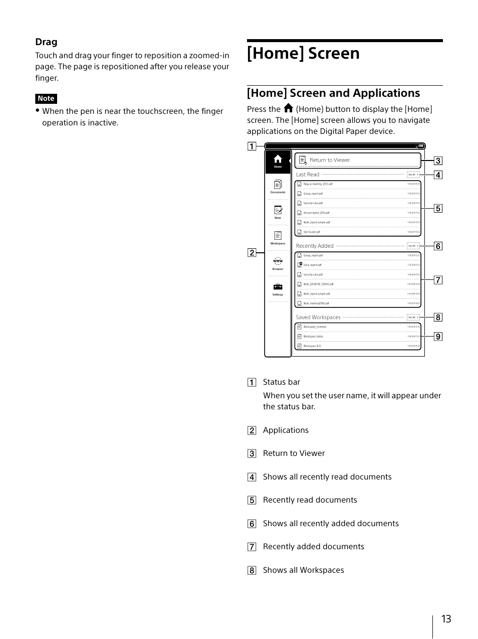 Home] screen, Home] screen and applications | Sony DPT-S1 User Manual | Page 13 / 67