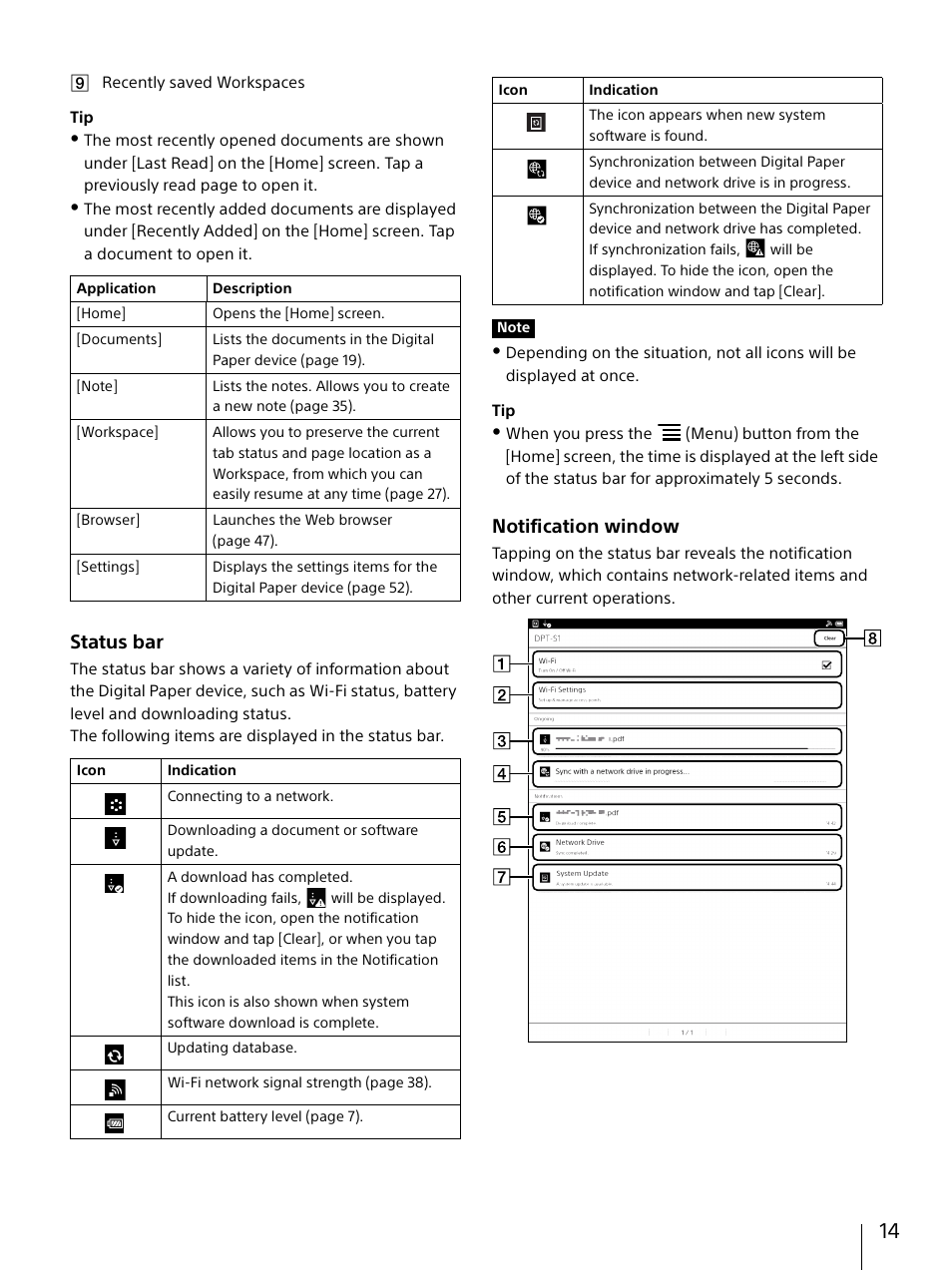 Status bar, Notification window | Sony DPT-S1 User Manual | Page 14 / 67