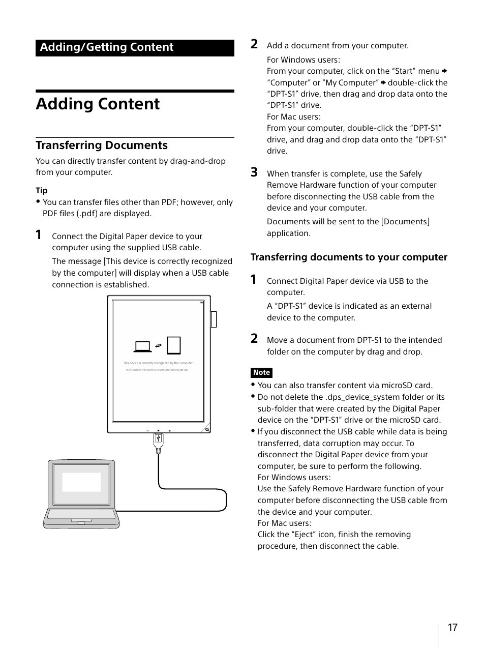 Adding/getting content, Adding content, Transferring documents | Sony DPT-S1 User Manual | Page 17 / 67