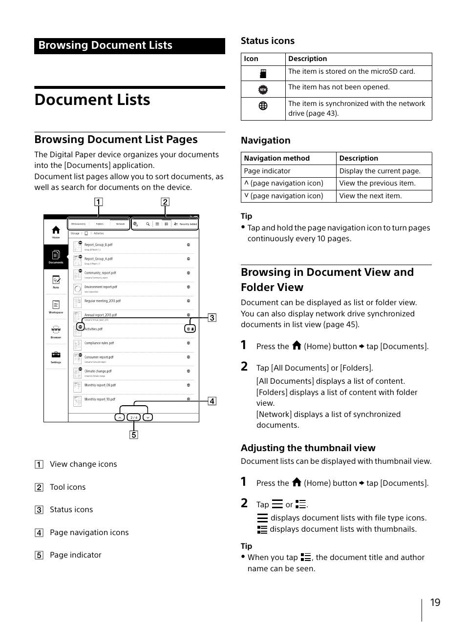 Browsing document lists, Document lists, Browsing in document view and folder view | View, Browsing document list pages | Sony DPT-S1 User Manual | Page 19 / 67