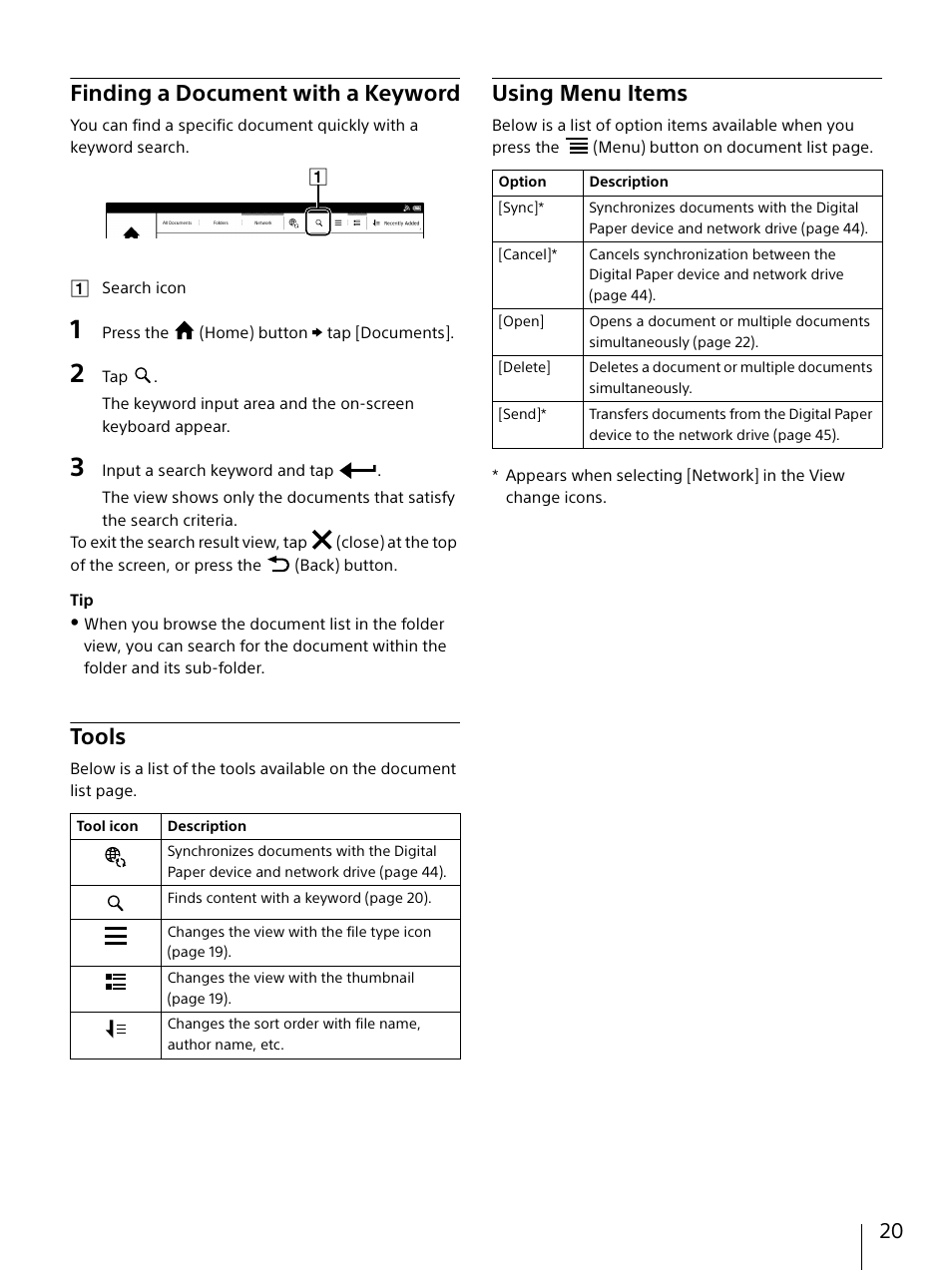 Finding a document with a keyword, Tools, Using menu items | Sony DPT-S1 User Manual | Page 20 / 67