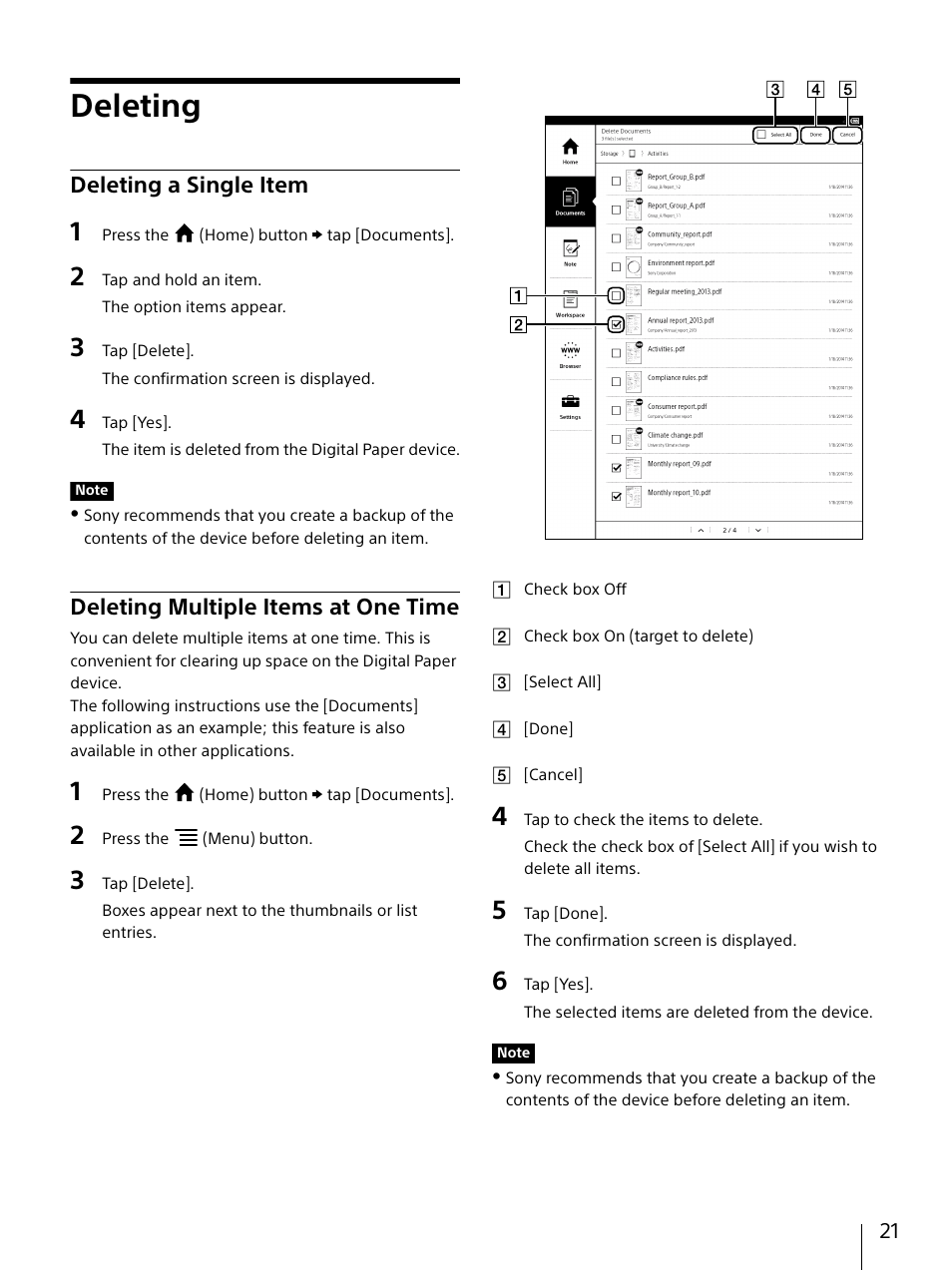 Deleting, Deleting a single item, Deleting multiple items at one time | Sony DPT-S1 User Manual | Page 21 / 67