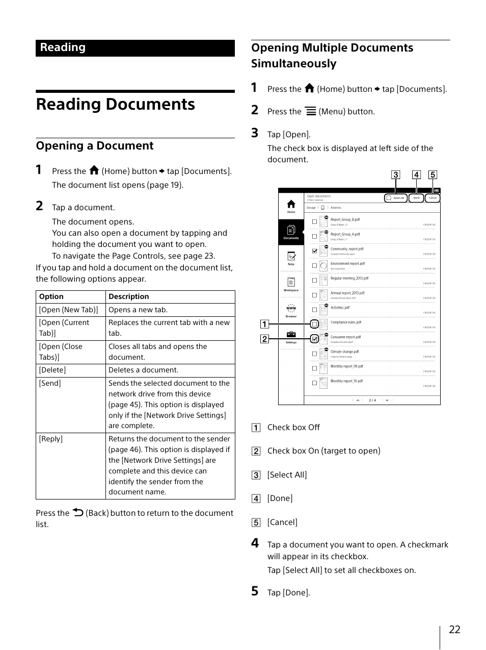 Reading, Reading documents, Opening a document | Opening multiple documents simultaneously, Opening a document opening multiple documents, Simultaneously | Sony DPT-S1 User Manual | Page 22 / 67