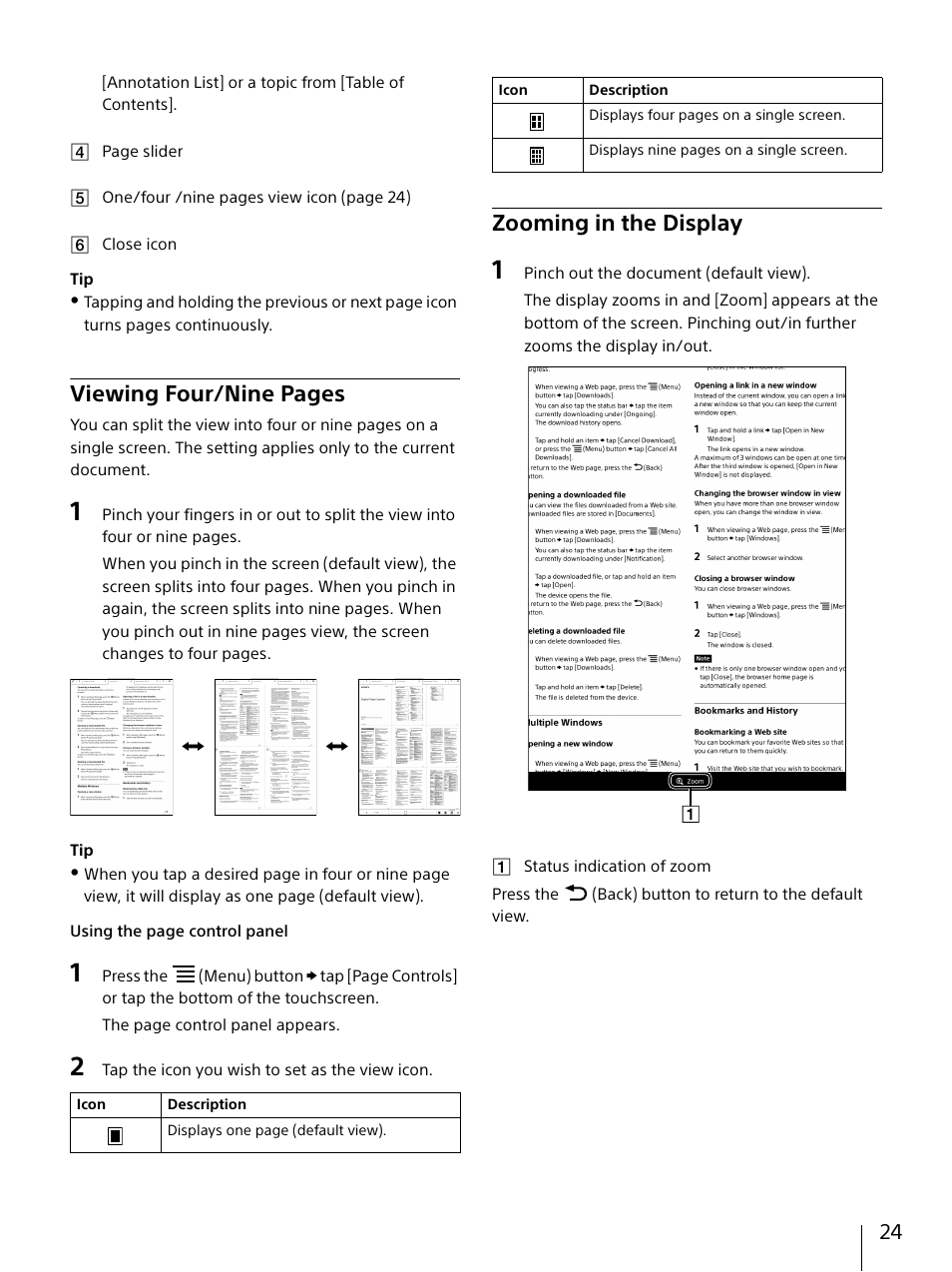 Zooming in the display, Viewing four/nine pages | Sony DPT-S1 User Manual | Page 24 / 67