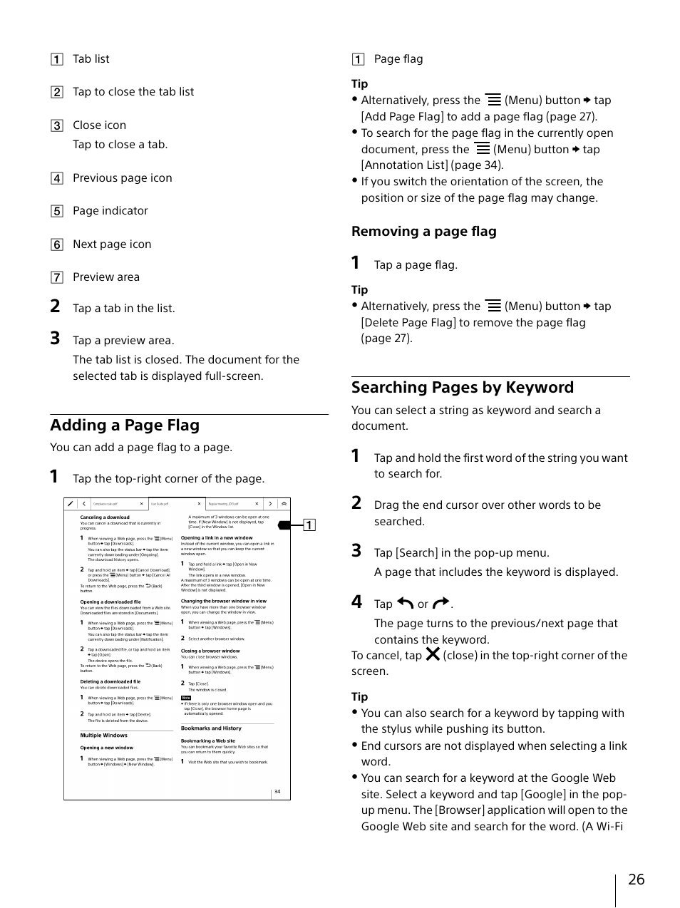 Adding a page flag, Searching pages by keyword | Sony DPT-S1 User Manual | Page 26 / 67
