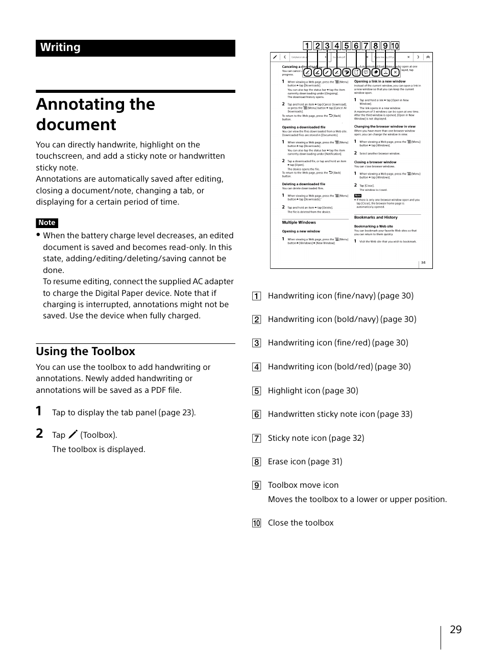 Writing, Annotating the document, Using the toolbox | Sony DPT-S1 User Manual | Page 29 / 67