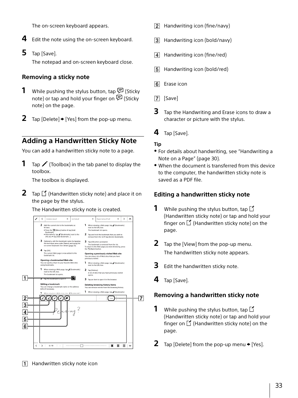 Adding a handwritten sticky note | Sony DPT-S1 User Manual | Page 33 / 67