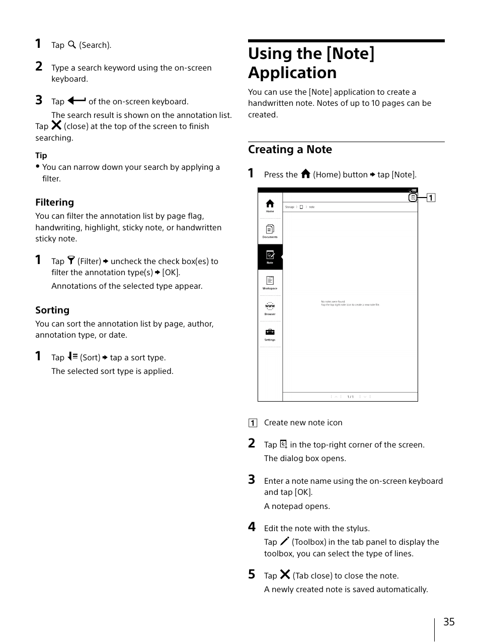 Using the [note] application, Creating a note | Sony DPT-S1 User Manual | Page 35 / 67