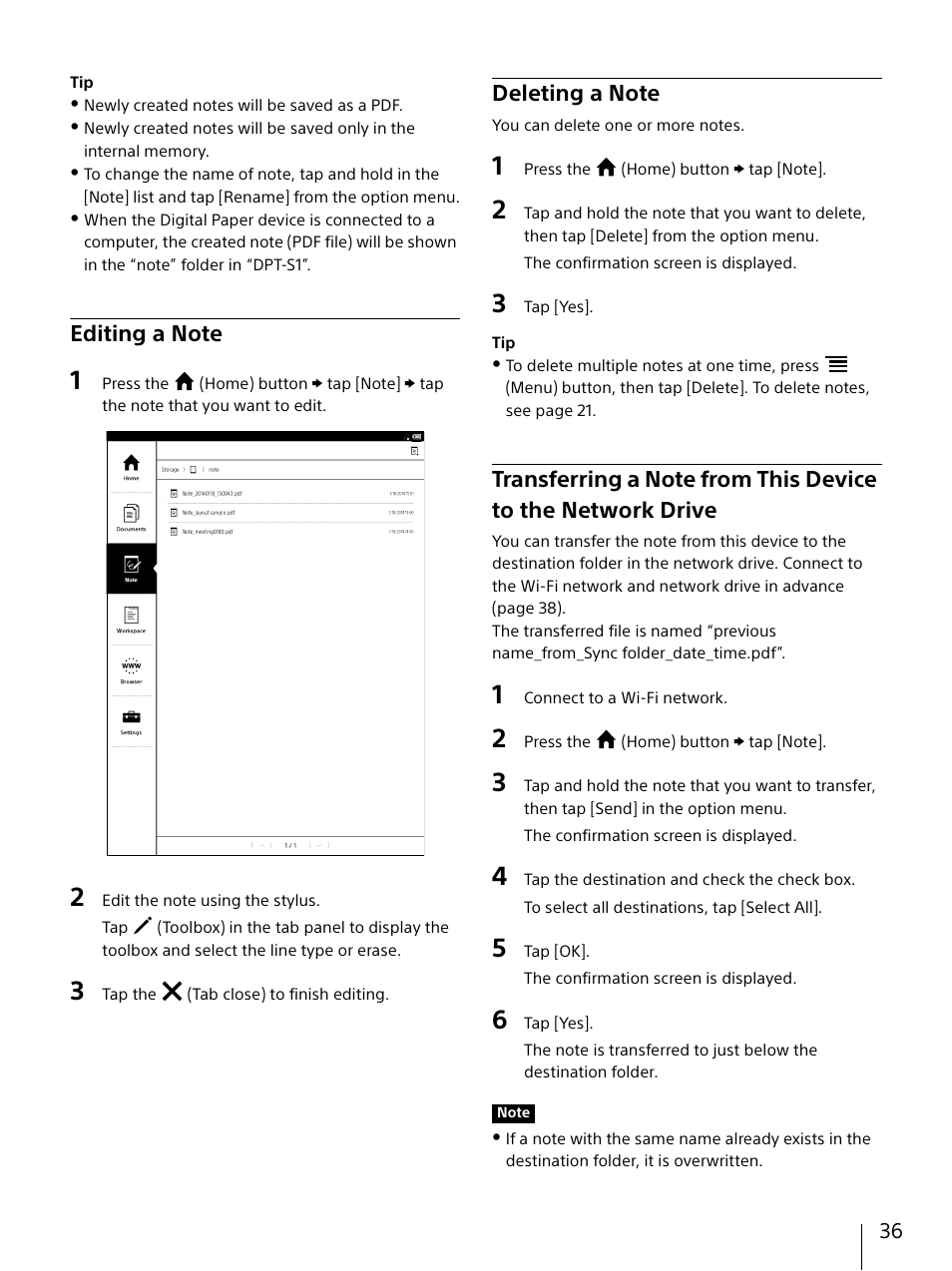 Editing a note, Deleting a note, Network drive | Sony DPT-S1 User Manual | Page 36 / 67