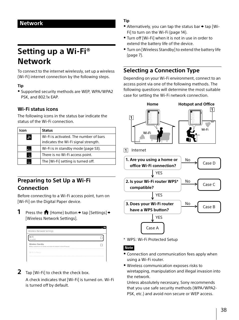 Network, Setting up a wi-fi® network, Preparing to set up a wi-fi connection | Selecting a connection type, Preparing to set up a wi-fi, Connection | Sony DPT-S1 User Manual | Page 38 / 67