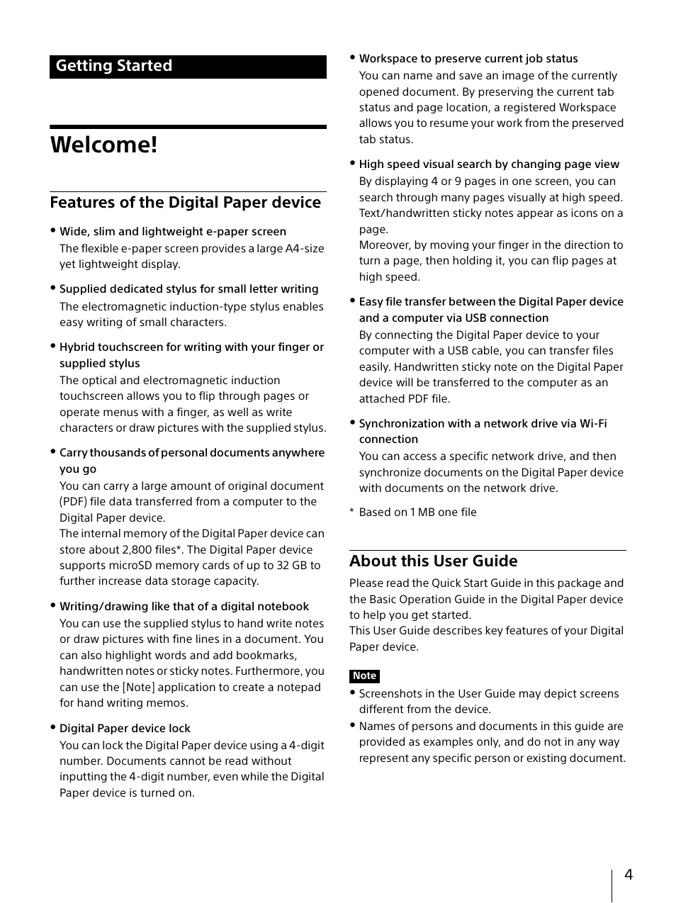 Getting started, Welcome, Features of the digital paper device | About this user guide | Sony DPT-S1 User Manual | Page 4 / 67