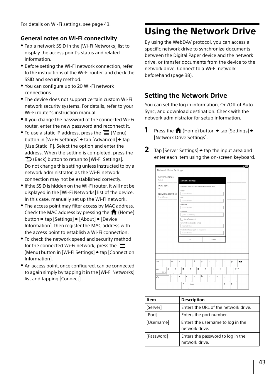 Using the network drive, Setting the network drive | Sony DPT-S1 User Manual | Page 43 / 67