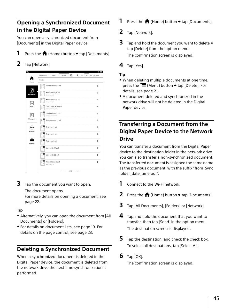 Deleting a synchronized document, Opening a synchronized document in the, Digital paper device | Paper device to the network drive | Sony DPT-S1 User Manual | Page 45 / 67