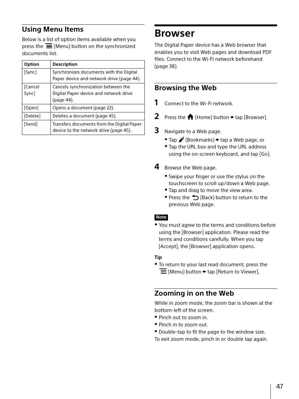 Using menu items, Browser, Browsing the web | Zooming in on the web, Browsing the web zooming in on the web | Sony DPT-S1 User Manual | Page 47 / 67