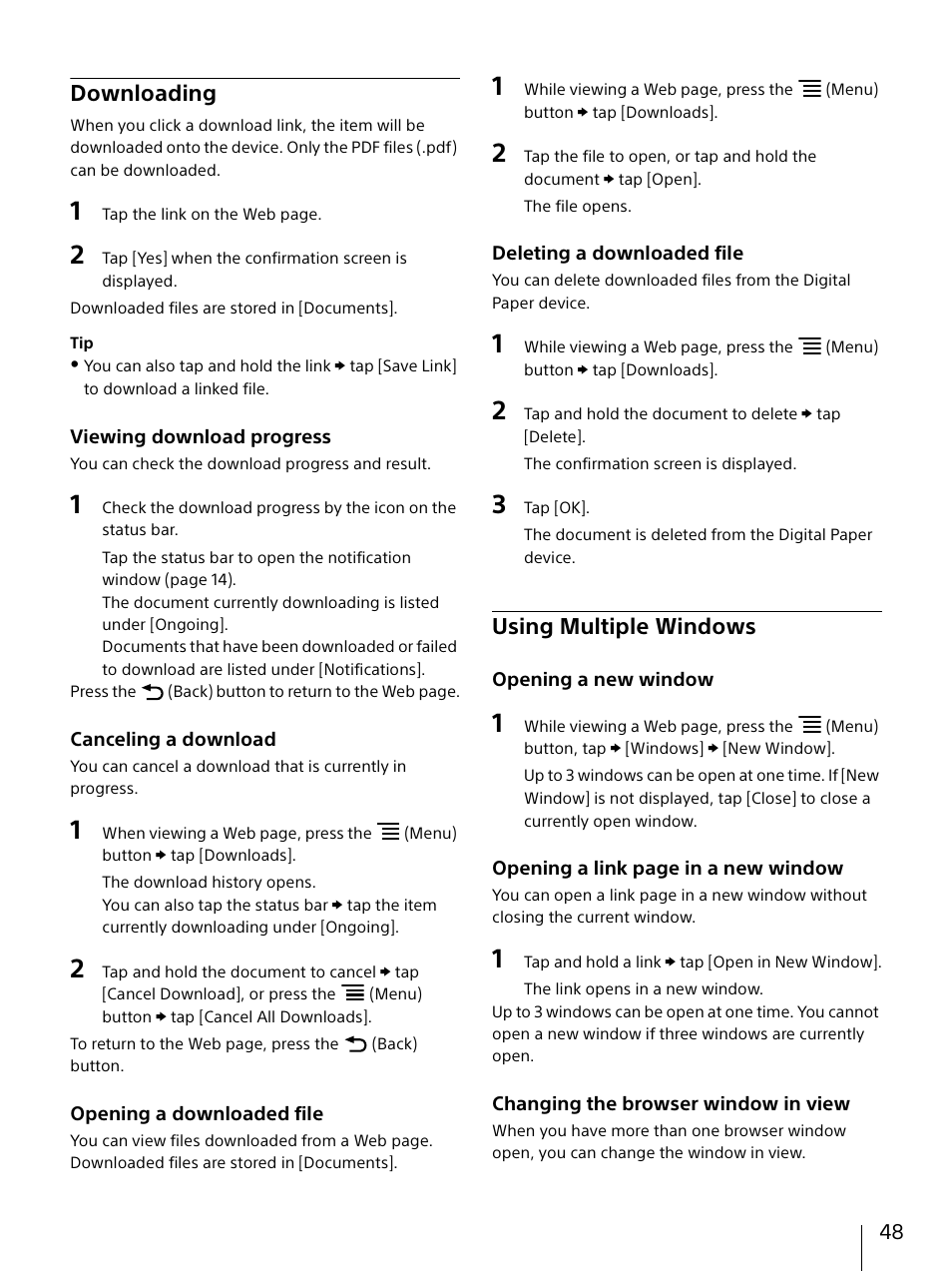 Downloading, Using multiple windows, Downloading using multiple windows | Sony DPT-S1 User Manual | Page 48 / 67