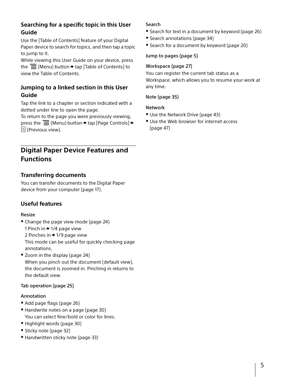 Digital paper device features and functions, Digital paper device features and, Functions | Sony DPT-S1 User Manual | Page 5 / 67