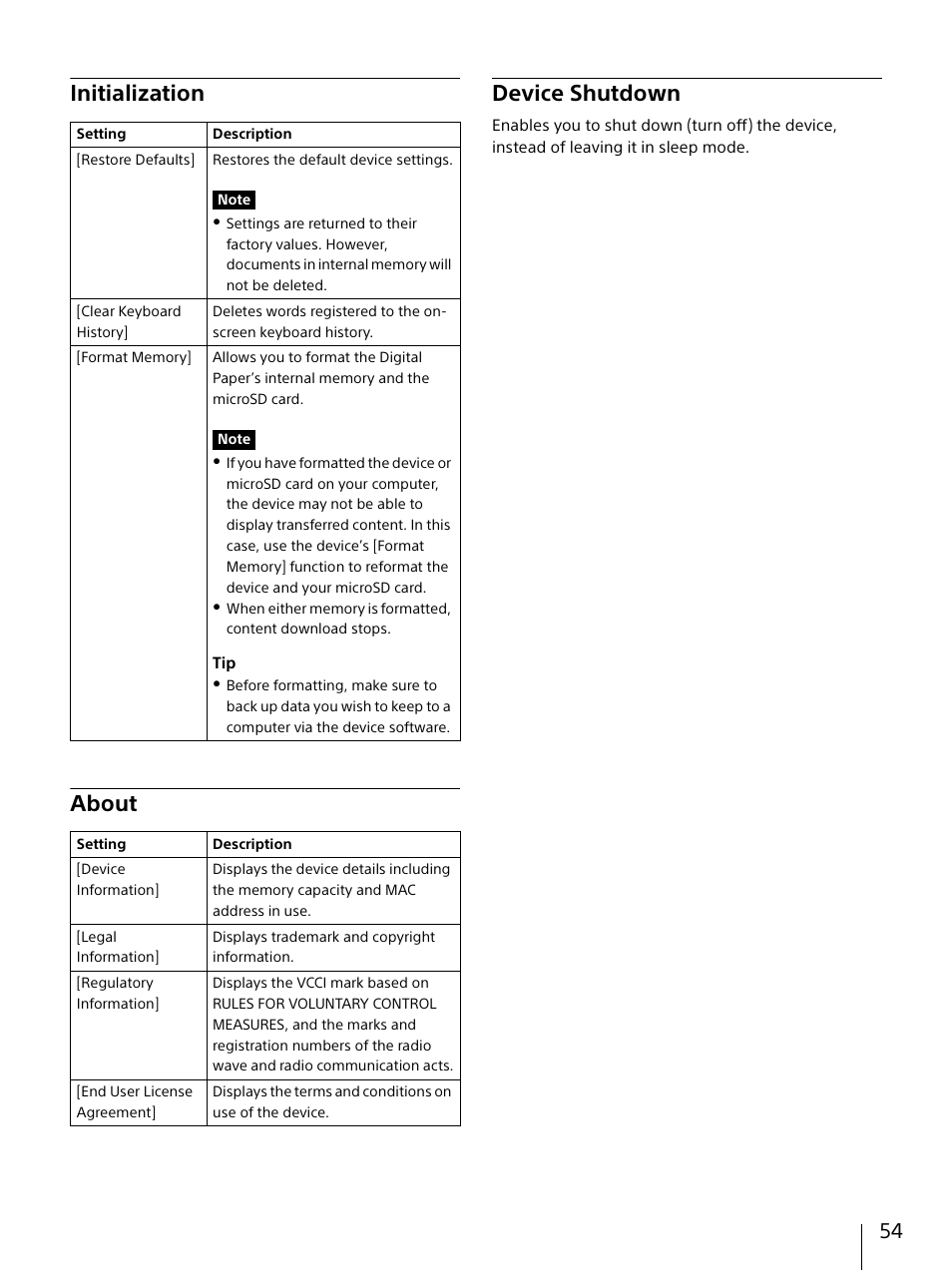 Initialization, About, Device shutdown | Initialization about device shutdown | Sony DPT-S1 User Manual | Page 54 / 67