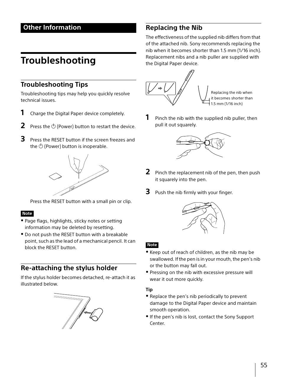 Other information, Troubleshooting, Troubleshooting tips | Re-attaching the stylus holder, Replacing the nib | Sony DPT-S1 User Manual | Page 55 / 67