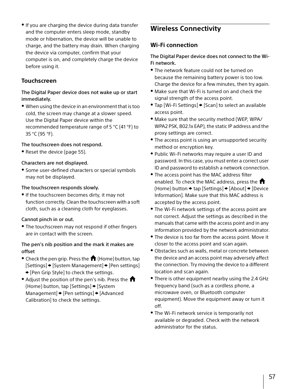Wireless connectivity, Touchscreen, Wi-fi connection | Sony DPT-S1 User Manual | Page 57 / 67
