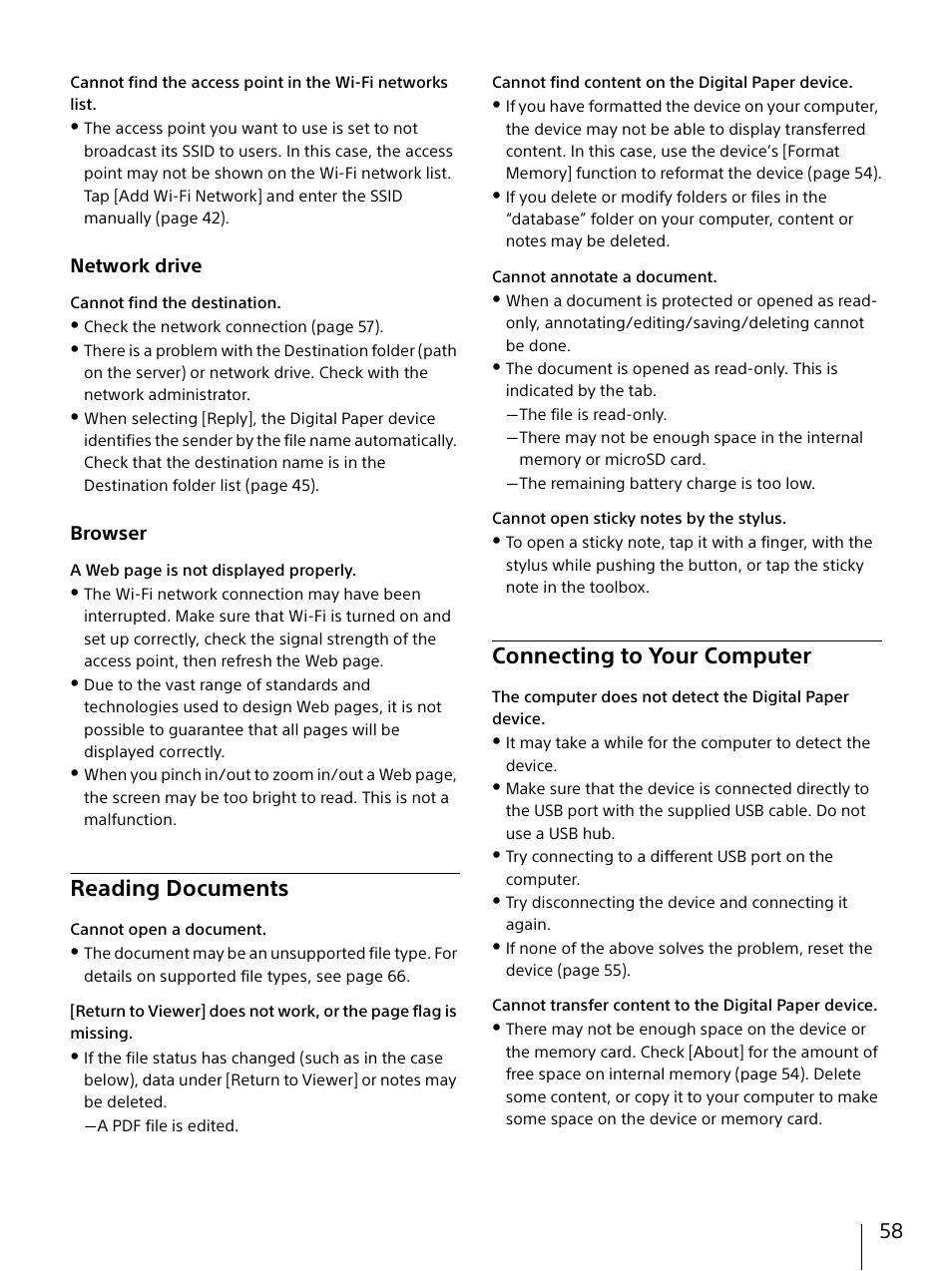 Reading documents, Connecting to your computer, Reading documents connecting to your computer | Network drive, Browser | Sony DPT-S1 User Manual | Page 58 / 67