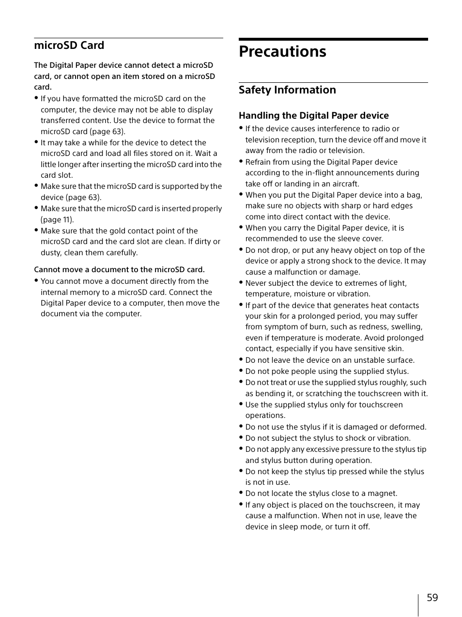 Microsd card, Precautions, Safety information | Sony DPT-S1 User Manual | Page 59 / 67