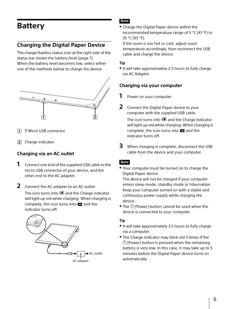 Battery, Charging the digital paper device | Sony DPT-S1 User Manual | Page 6 / 67