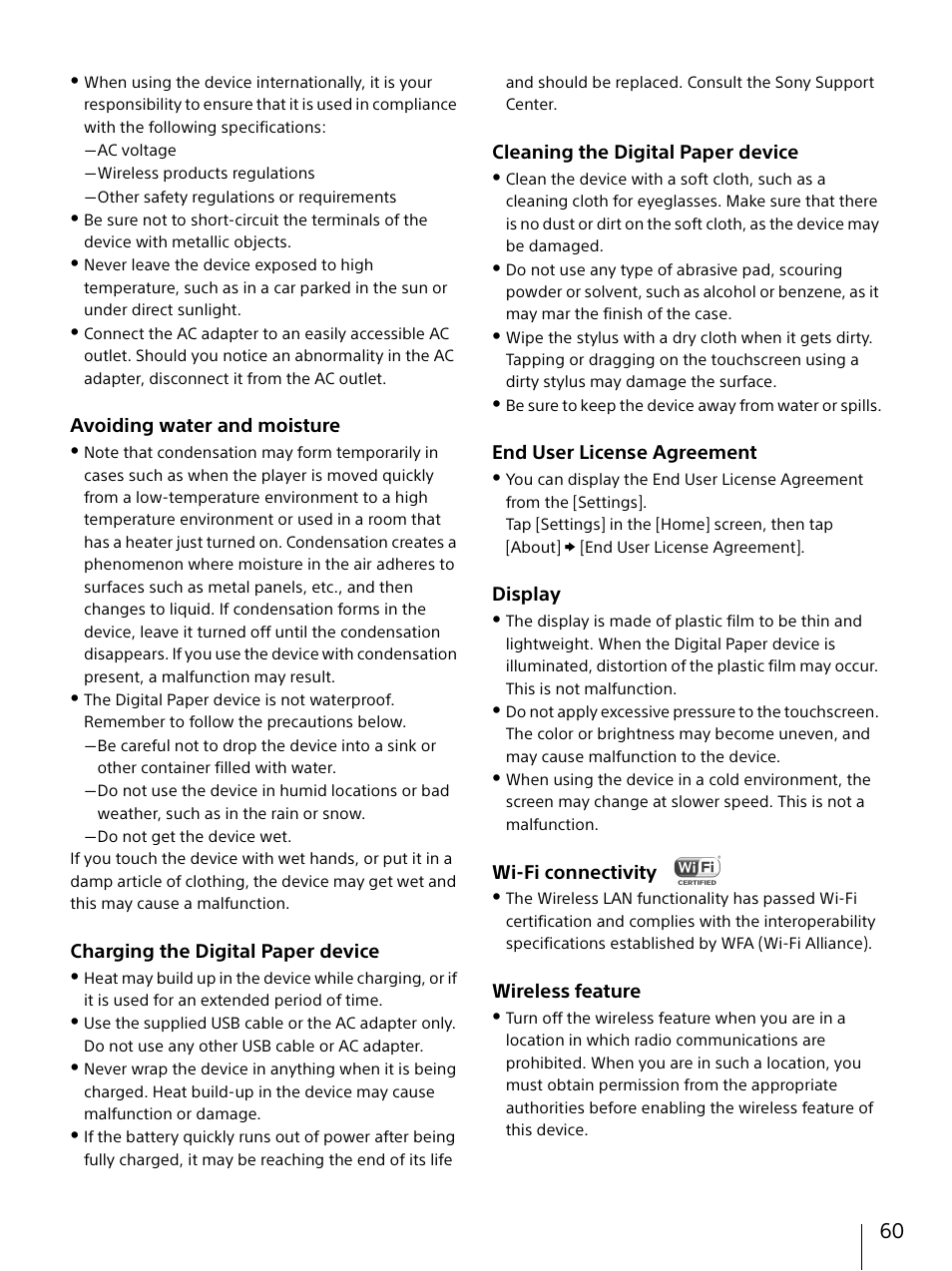 Avoiding water and moisture, Charging the digital paper device, Cleaning the digital paper device | End user license agreement, Display, Wi-fi connectivity, Wireless feature | Sony DPT-S1 User Manual | Page 60 / 67