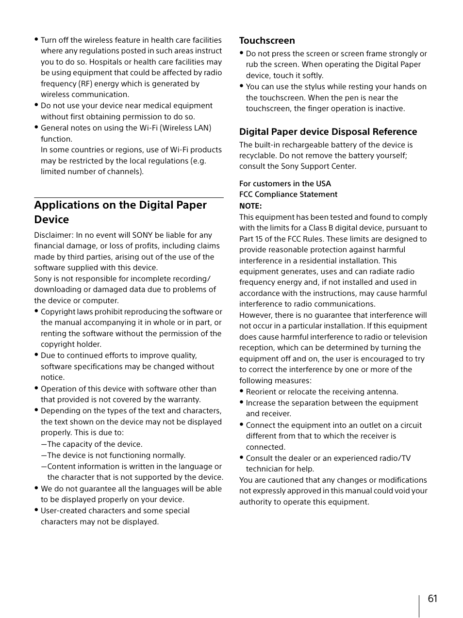 Applications on the digital paper device, Applications on the digital paper, Device | Touchscreen, Digital paper device disposal reference | Sony DPT-S1 User Manual | Page 61 / 67