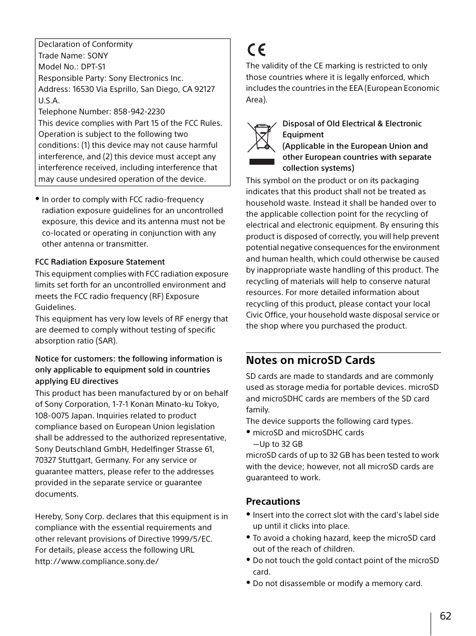 Notes on microsd cards, Precautions | Sony DPT-S1 User Manual | Page 62 / 67