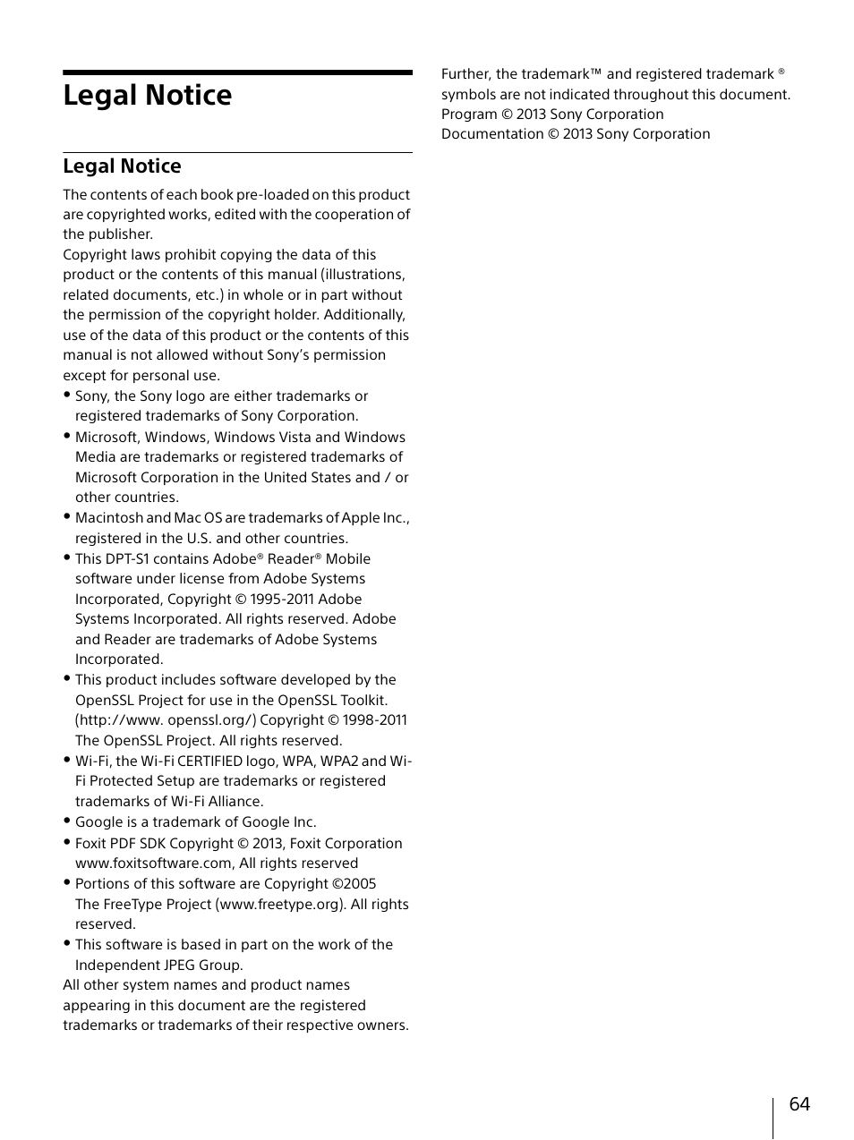 Legal notice | Sony DPT-S1 User Manual | Page 64 / 67