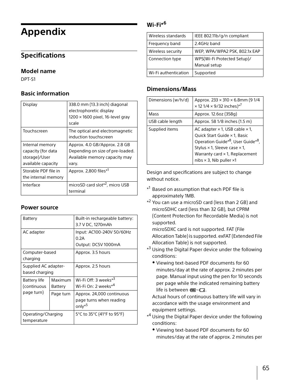 Appendix, Specifications, Model name | Basic information power source wi-fi, Dimensions/mass | Sony DPT-S1 User Manual | Page 65 / 67