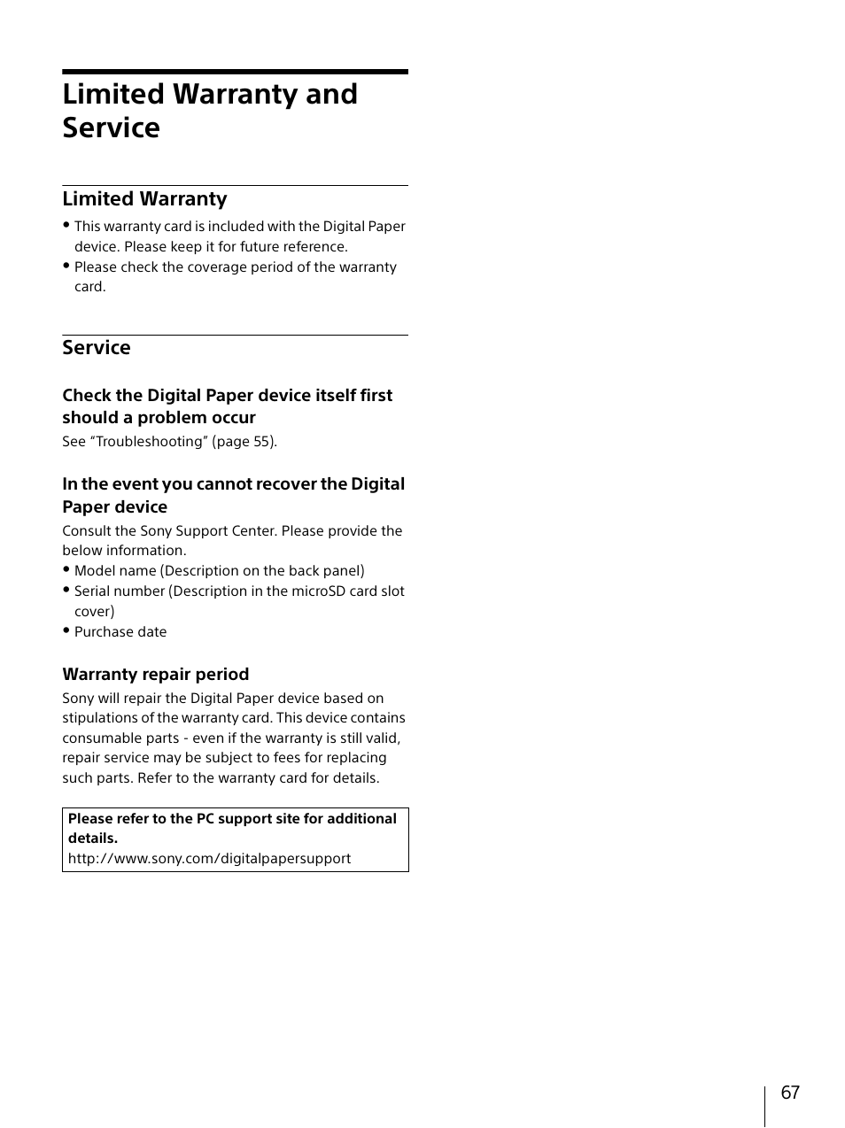 Limited warranty and service, Limited warranty, Service | Limited warranty service | Sony DPT-S1 User Manual | Page 67 / 67